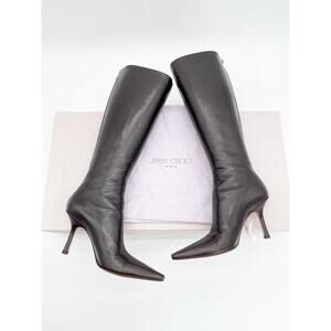 Jimmy Choo Peony Coffee Brown Leather Pointed Square Toe Knee High Boots IT 36